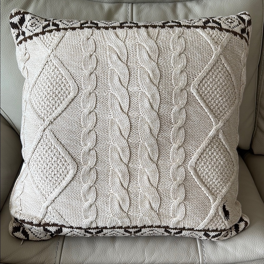 Ralph Lauren Cable Knit Throw Pillow with Pony Logo - Cream & Brown
